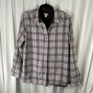 LL Bean Fleece Lined Flannel Shirt Women's Medium Purple/Gray Plaid Heavyweight